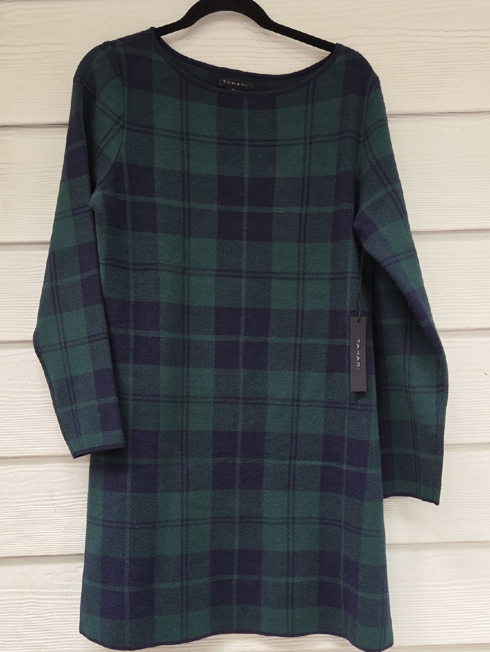 NWT Tahari Navy and Green Plaid Knit Tunic Dress